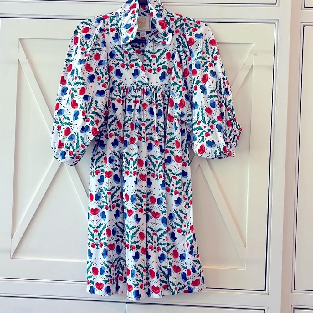 Emily McCarthy EUC Stella Dress XS white background, red, coral, blue, green